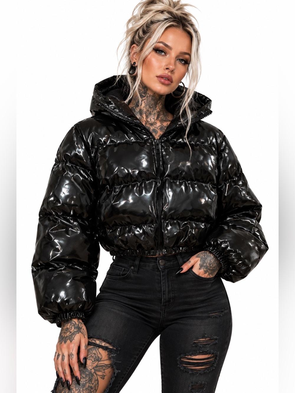 PrettyLittleThing Vinyl Cropped Puffer Jacket